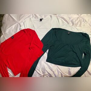 Red, Green, and White Long Sleeve Tops